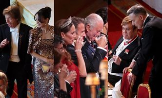 Elita bawi się na bankiecie w Windsorze: Macron popijający z księżną Kate, Mick Jagger z młodszą o 44 lata narzeczoną, Elton John z mężem