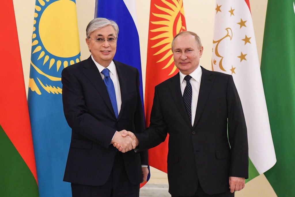 CIS informal summit in St PetersburgST PETERSBURG, RUSSIA - DECEMBER 28, 2021: Kazakhstan's President Kassym-Jomart Tokayev (L) and Russia's President Vladimir Putin shake hands during a photo op at an informal CIS summit at the Boris Yeltsin Presidential Library. Yevgeny Biyatov/POOL/TASS (Photo by Yevgeny Biyatov\TASS via Getty Images)Yevgeny Biyatov