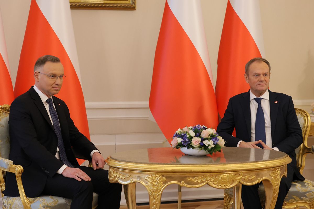Prezydent Andrzej Duda i premier Donald Tusk na spotkaniu w Pałacu Prezydenckim