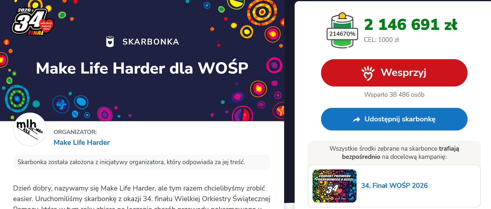 Zbiórka Make Life Harder dla WOŚP