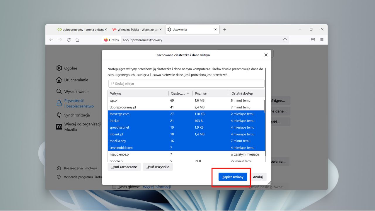 Firefox: zaznaczone witryny do usunięcia