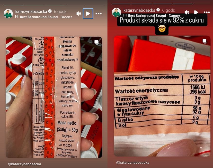 Bosacka pokazała etykietę ze składem słomek do mleka