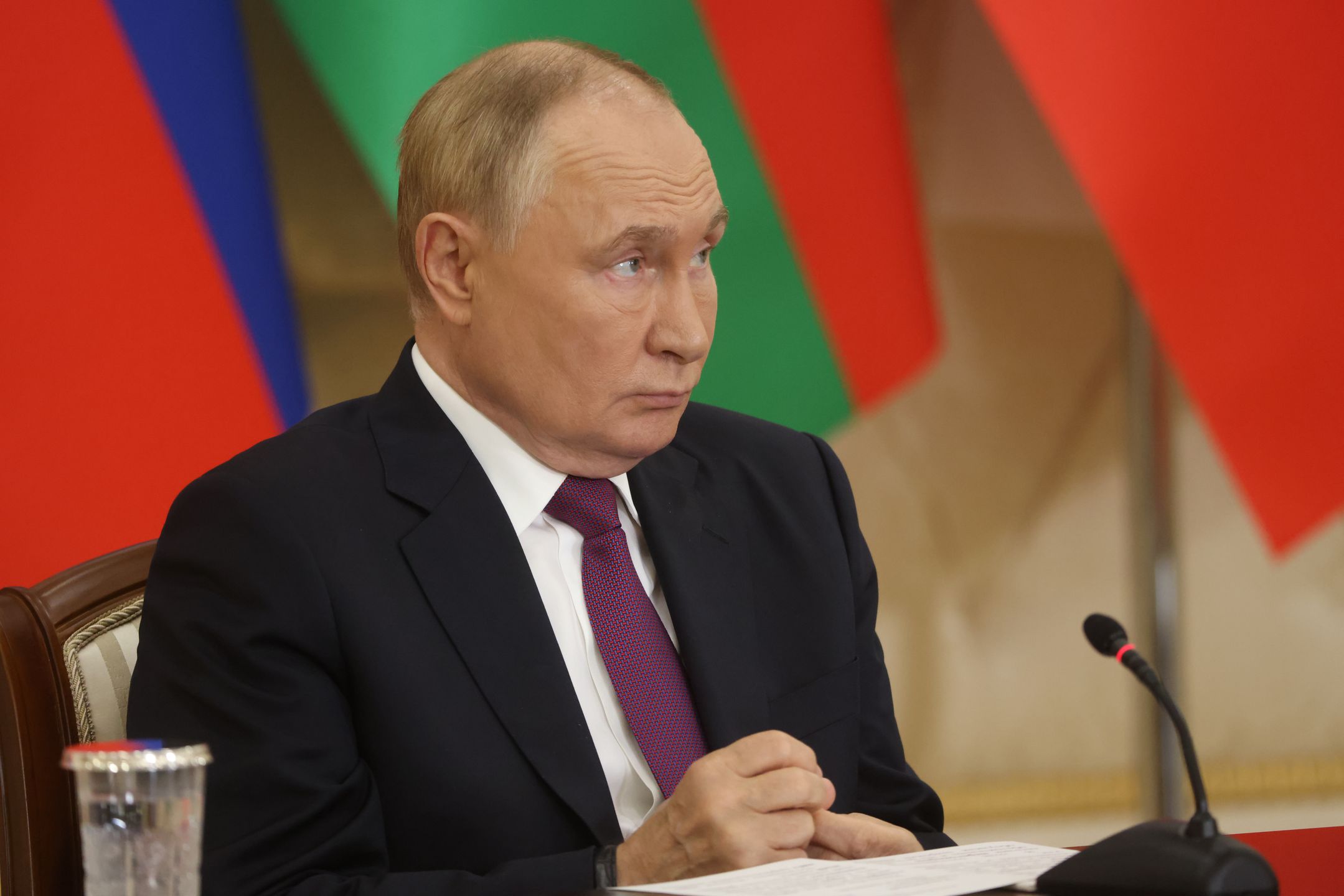 BAKU, AZERBAIJAN - AUGUST 19 (RUSSIA OUT) Russian President Vladimir Putin grimases during Russian-Azeri talks at the Zagulba State Residence on August 19, 2024, in Baku, Azerbaijan. Russian President Vladimir Putin is on a two-day official visit to Azerbaijan.  (Photo by Contributor/Getty Images)