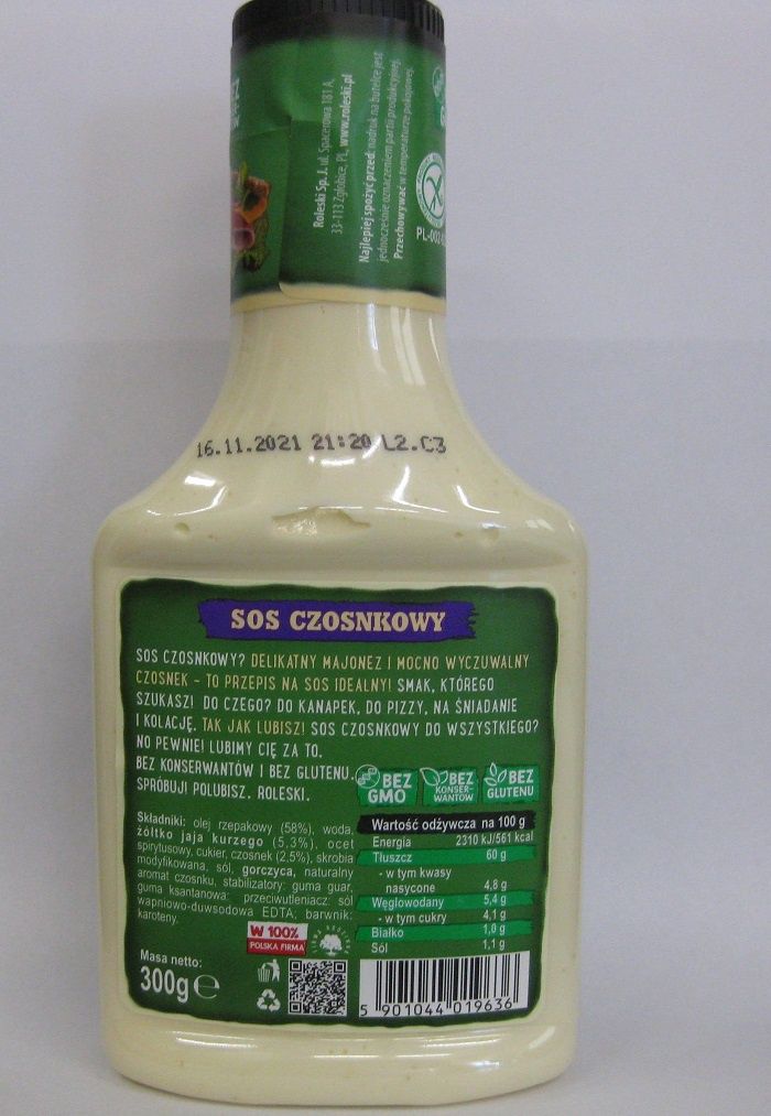 Sos czosnkowy 300 g marki Roleski, na etykiecie widnieje informacja „bez glutenu”