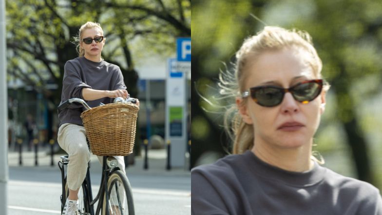 Katarzyna Warnke mknie przez miasto na rowerze
