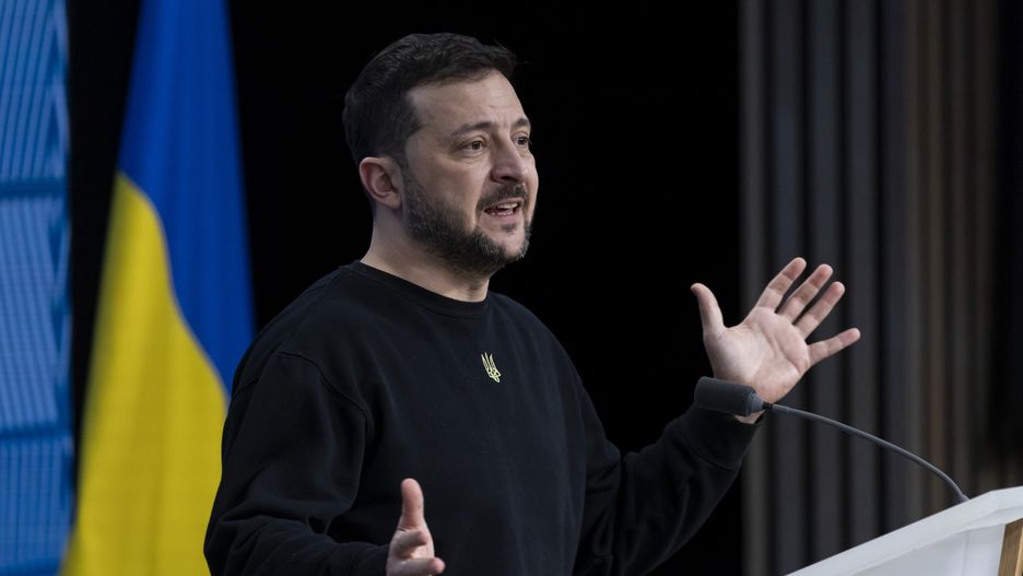 President of Ukraine Volodymyr Zelenskyy addresses a press conference during his visit at the European Council Summit, the EU leaders meeting at the headquarters of the European Union. The Ukrainian President responded to questions from journalists of international media, focusing on the victory plan and NATO. Brussels, Belgium on October 17, 2024 (Photo by Nicolas Economou/NurPhoto via Getty Images)