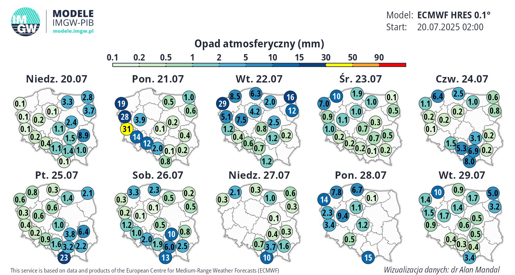 Prognozowane opady 21-27.07