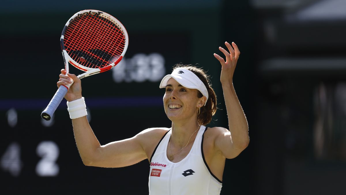 Alize Cornet celebrates winning her Ladies' Singles third round match against Iga Swiatek during day six of the 2022 Wimbledon Championships at the All England Lawn Tennis and Croquet Club, Wimbledon. Picture date: Saturday July 2, 2022. (Photo by Steven Paston/PA Images via Getty Images)