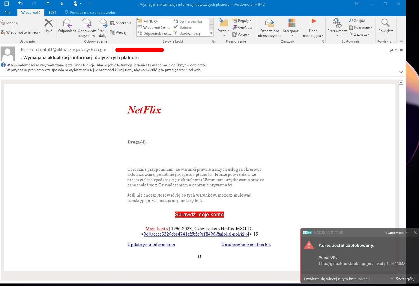 Fałszywa wiadomość "od Netfłiksa"