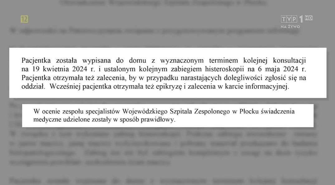 Fragment maila z odpowiedzią szpitala 