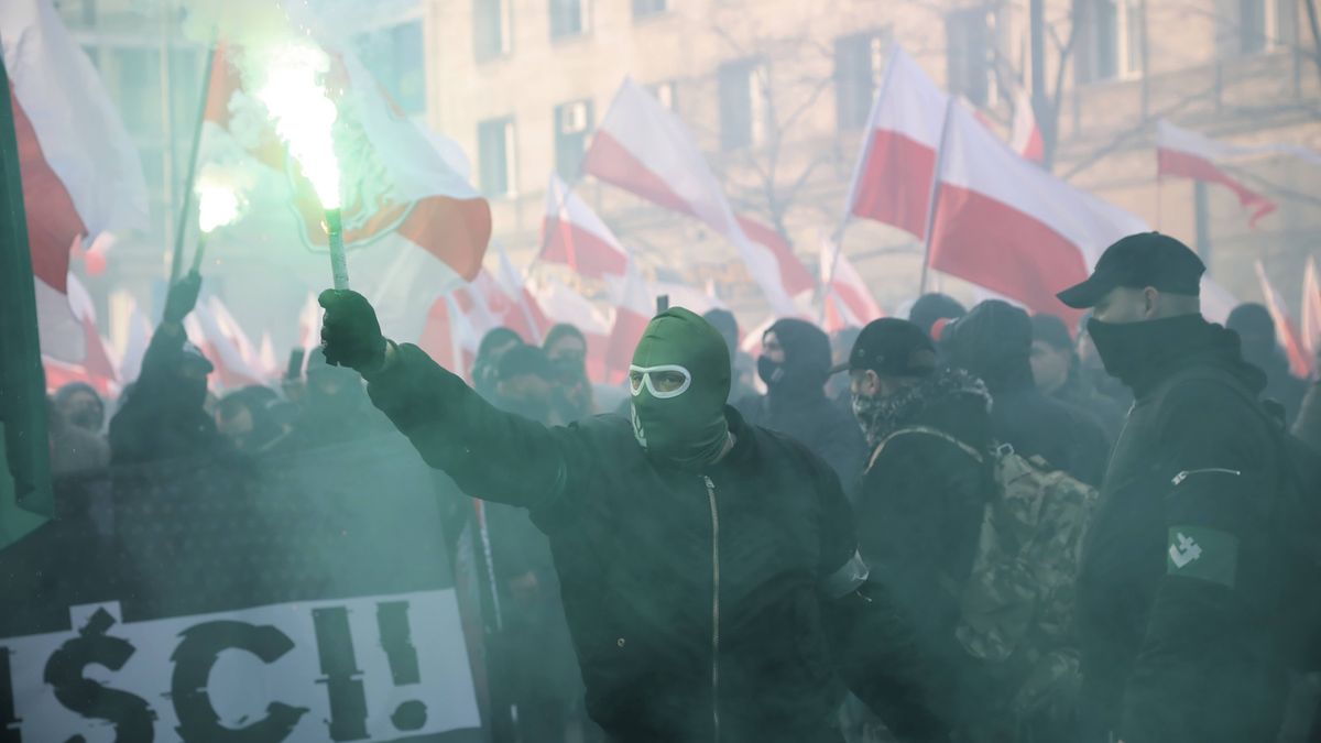 uczestnicy marszu103 103. rocznica, bia�o-czerwona, bia�o-czerwone, dziesi�ty, flaga, flagi, gigantyczna, marsz, narodowc�w, obchody, race