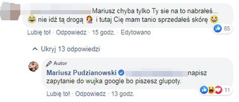 Komentarze pod postem Mariusza Pudzianowskiego na Facebooku