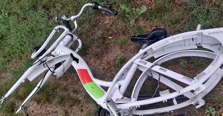 Kompletnie zdewastowany rower miejski porzucony przy ogródkach działkowych