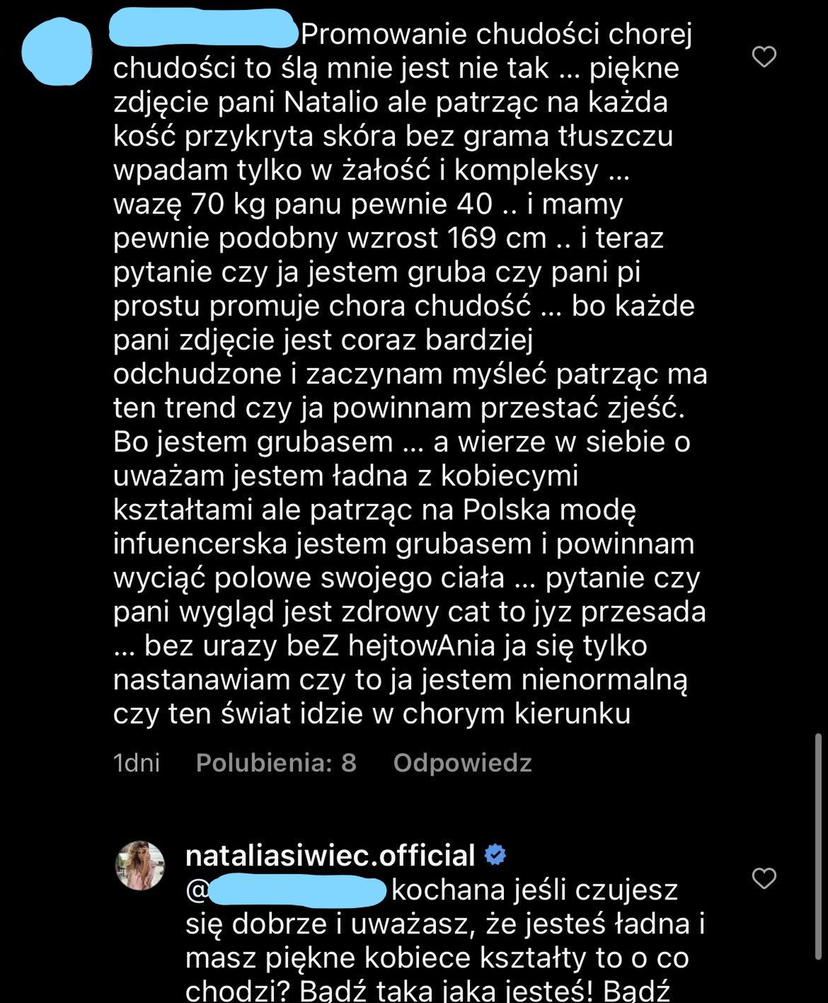 Natalia Siwiec o rzekomym "promowaniu chorej chudości"