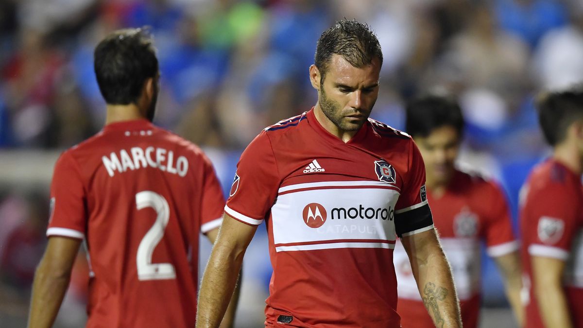 BRIDGEVIEW, ILLINOIS - JULY 23: Nemanja Nikolic #23 of Chicago Fire reacts after Cruz Azul scored in the second half at SeatGeek Stadium on July 23, 2019 in Bridgeview, Illinois. (Photo by Quinn Harris/Getty Images)