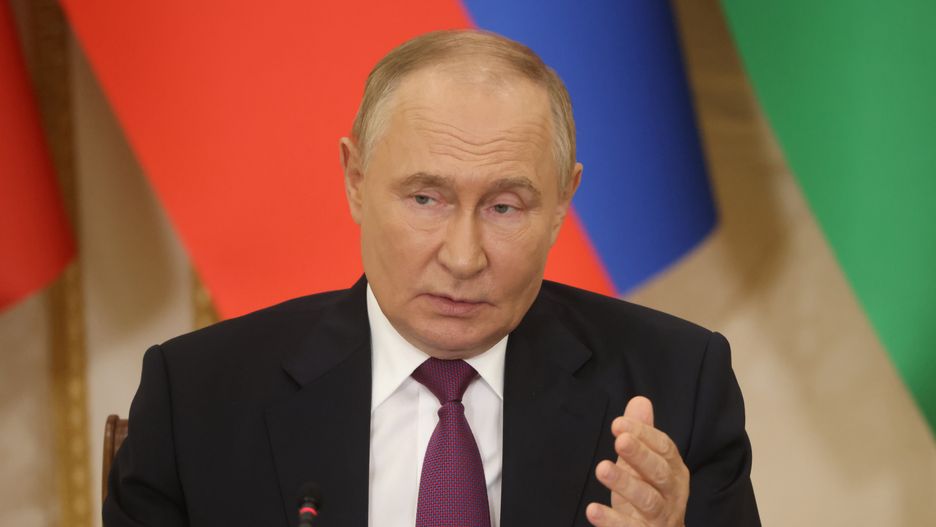 BAKU, AZERBAIJAN - AUGUST 19: (RUSSIA OUT) Russian President Vladimir Putin speaks during Russian-Azeri talks at the Zagulba State Residence, August 19, 2024, in Baku, Azerbaijan. Russian President Vladimir Putin is on a two-day official visit to Azerbaijan.  (Photo by Contributor/Getty Images)