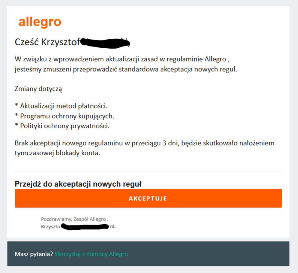 Fałszywy e-mail "od Allegro"