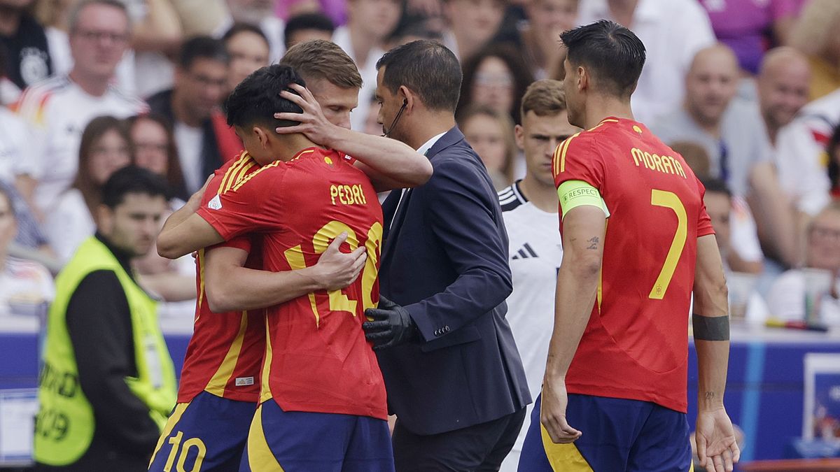 Spain  v Germany  -EURO
STUTTGART, GERMANY - JULY 5: Pedri of Spain leaves the pitch with a injury, Alvaro Morata of Spain, Dani Olmo of Spain consoles him during the  EURO match between Spain  v Germany  at the Mercedes Benz Arena on July 5, 2024 in Stuttgart Germany (Photo by Rico Brouwer/Soccrates/Getty Images)
Soccrates Images
injury