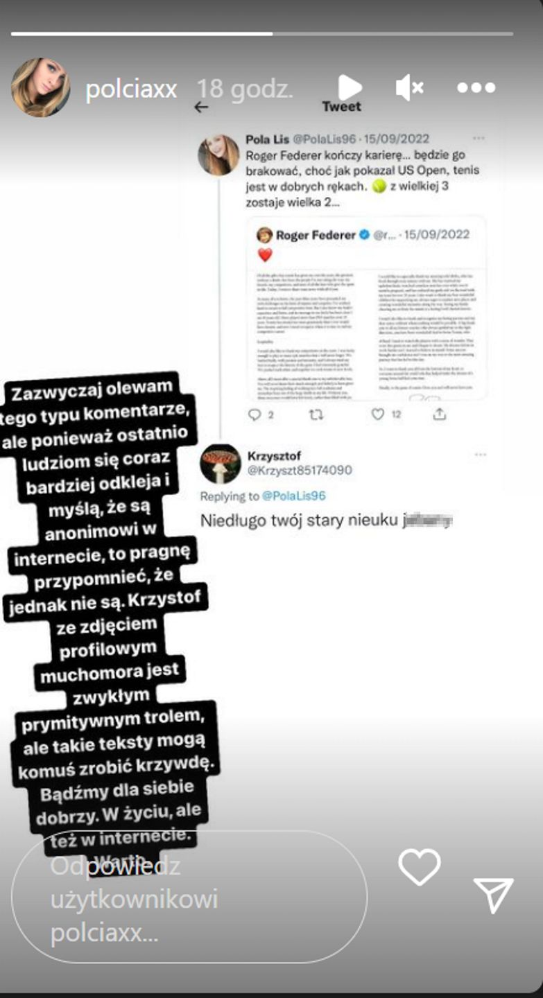 Pola Lis skomentowała zachowanie hejtera
