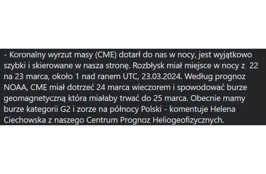 Wpis PAN dotyczący wystąpienia nad Polską burzy geomagnetycznej 