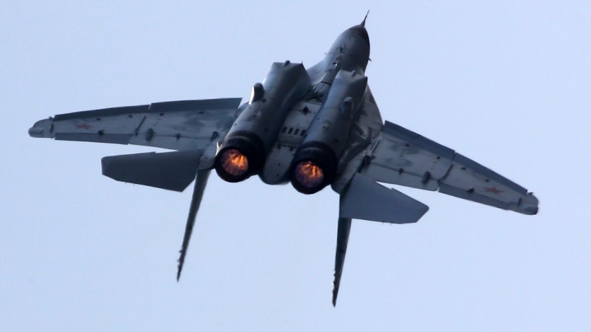 ZHUKOVSKIY, RUSSIA - JULY 20:  (RUSSIA OUT) Russian Mikoyan MIG-31 (NATO reporting name: Foxhoud) jet fighter aircraft is presented at the air show during the MAKS-2021 International Aviation and Space Salon, on July 20, 2021, in Zhukovskiy, outside of Moscow, Russia. Main Russian annual aviation and space salon has opened at Zhukovskiy airfield despite the coronavirus (COVID-19) pandemy. (Photo by Mikhail Svetlov/Getty Images)