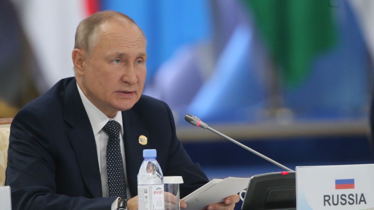 ASTANA KAZAKHSTAN - OCTOBER 13: (RUSSIA OUT) Russian President Vladimir Putin speaks during the 6th CICA Summit, on October 13, 2022 in Astana, Kazakhstan. Russian President Putin has arrived for the Sixth Summit of the Conference in Interaction and Confidence Building Measures In Asia (CICA). (Photo by Contributor/Getty Images)