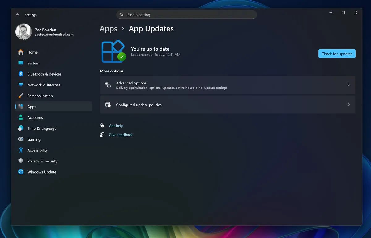 Zakładka "App Updates" w Windowsie 11