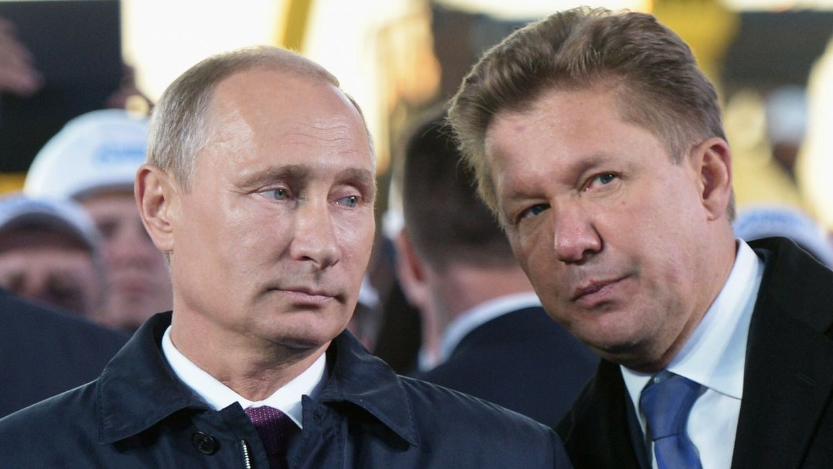 arch142486360 09/01/2014 September 1, 2014. Russian President Vladimir Putin, left, at the ceremony marking the joining of the first link in the Power of Siberia main gas pipeline, held at Namsky Highway near Us Khatyn village. Gazprom Board Chairman Alexei Miller, right. Cropped image. Aleksey Nikolskyi/SPUTNIKAleksey Nikolskyi