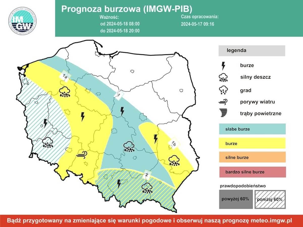 Prognoza burzowa IMGW w sobotę, 18 maja 2024