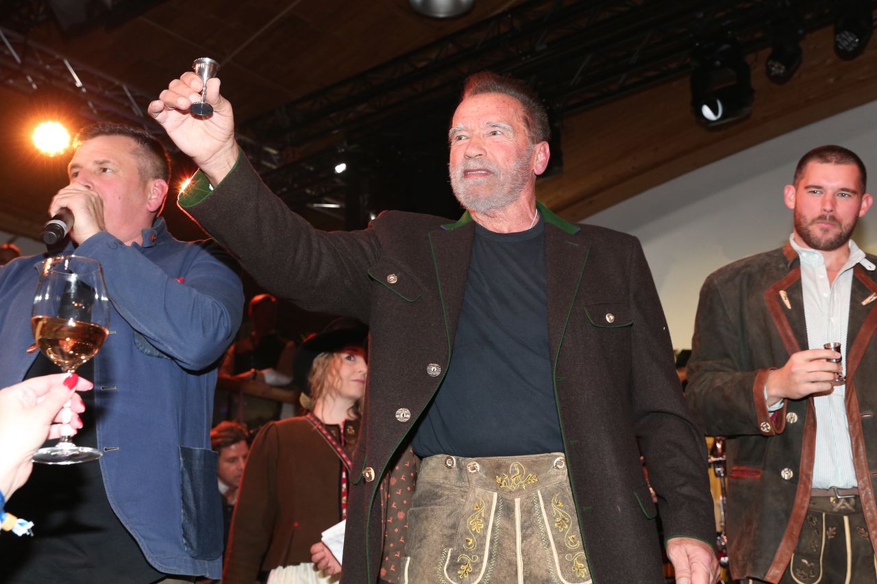 GOING, AUSTRIA - JANUARY 19:  Arnold Schwarzenegger, Christopher Schwarzenegger during the 31st Weißwurstparty at Hotel Stanglwirt on January 19, 2024 in Going near Kitzbuehel, Austria. (Photo by Gisela Schober/Getty Images)