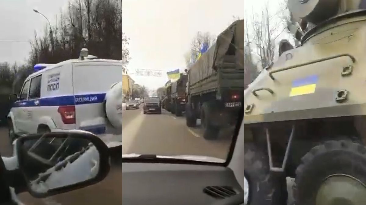 Przez rosyjskie miasto przejechały pojazdy wojskowe z ukraińskimi flagami