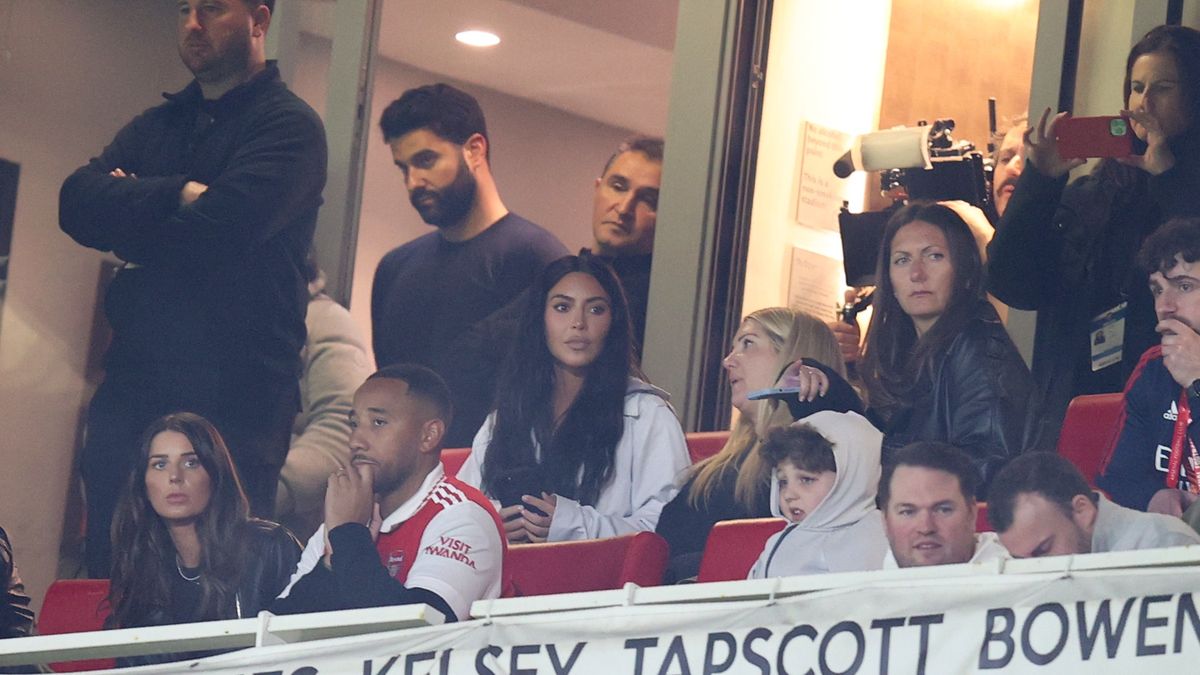 LONDON, ENGLAND - MARCH 16: Kim Kardashian watches the match from the stands during the UEFA Europa League round of 16 leg two match between Arsenal FC and Sporting CP at Emirates Stadium on March 16, 2023 in London, United Kingdom. (Photo by Charlotte Wilson/Offside/Offside via Getty Images)