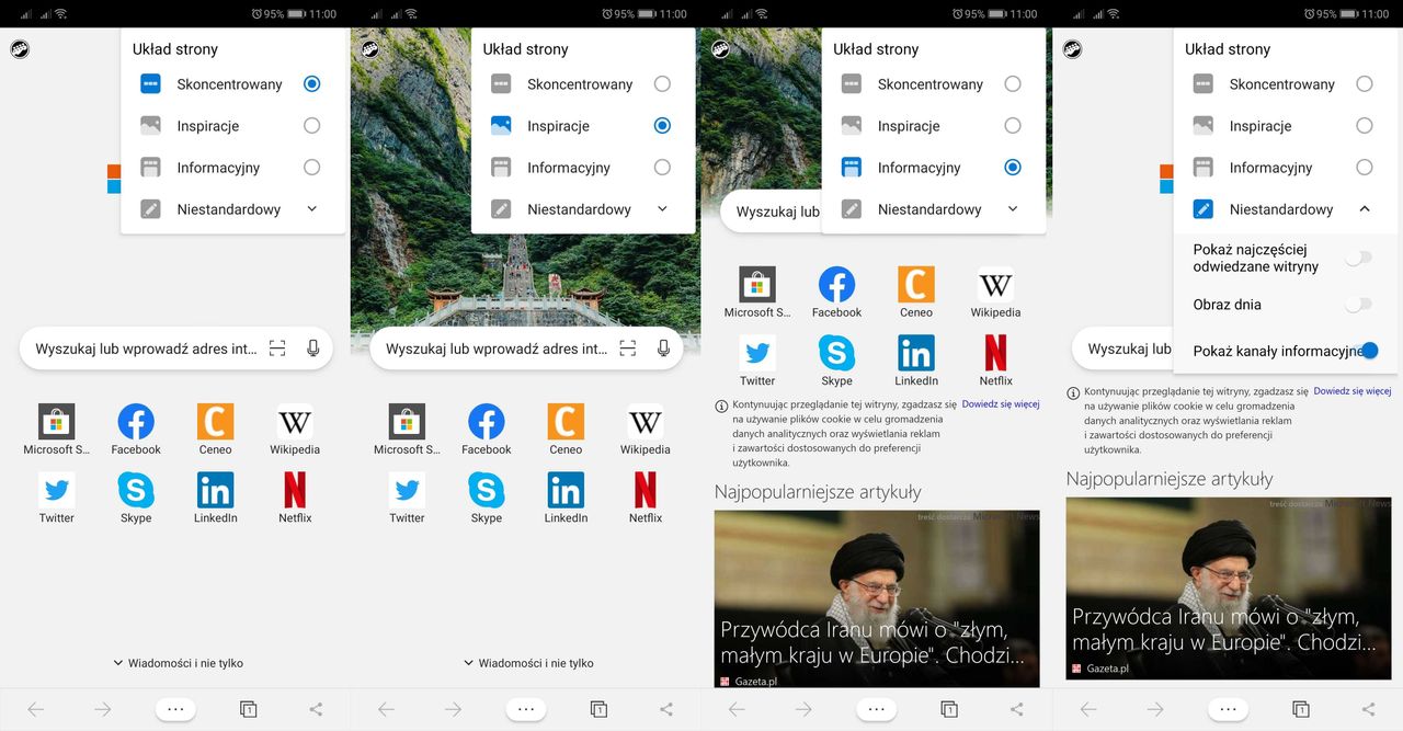 Edge na Androida pozwala wygodnie zmieniać wygląd strony startowej.