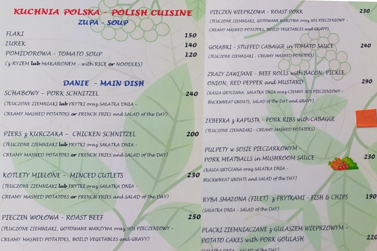 Menu w restauracji Garden 94 w Hua Hin 