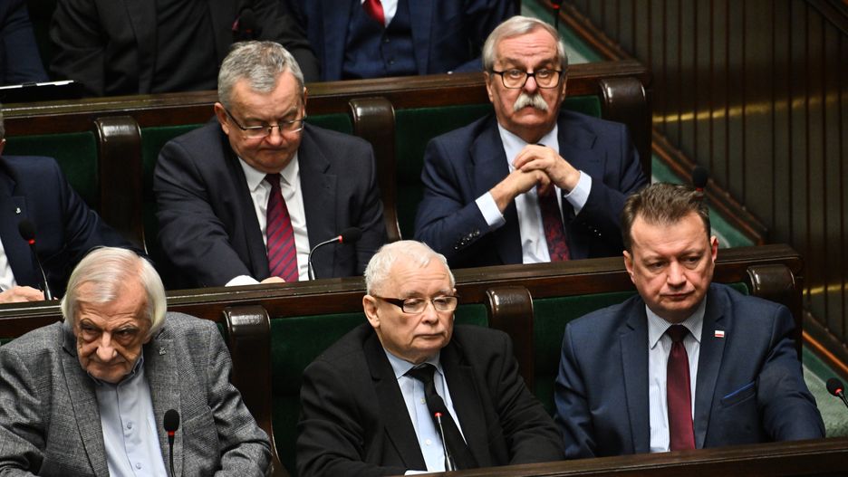 WARSAW, POLAND - MARCH 07:  The leader of Law and Justice Party, Jaroslaw Kaczynski  takes part on a voting to ban Russian and Belarussian agricultural products in Warsaw, Poland on March 07, 2024. The voting on the resolution comes after the Polish Prime Minister, Donald Tusk visit to Vilnius, where he called on the European Commission to impose sanctions on agricultural products from Russia, Belarus. (Photo by Omar Marques/Anadolu via Getty Images)