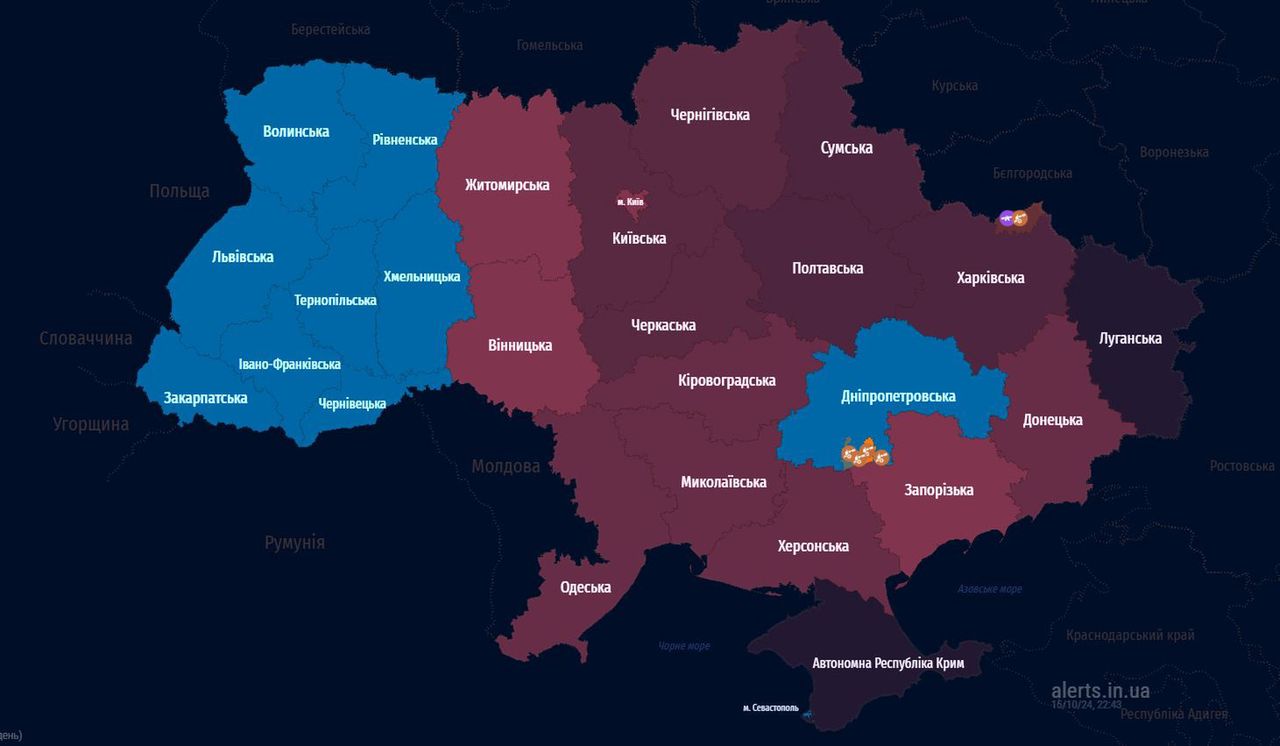 Aktualna mapa alarmów przeciwlotniczych w Ukrainie