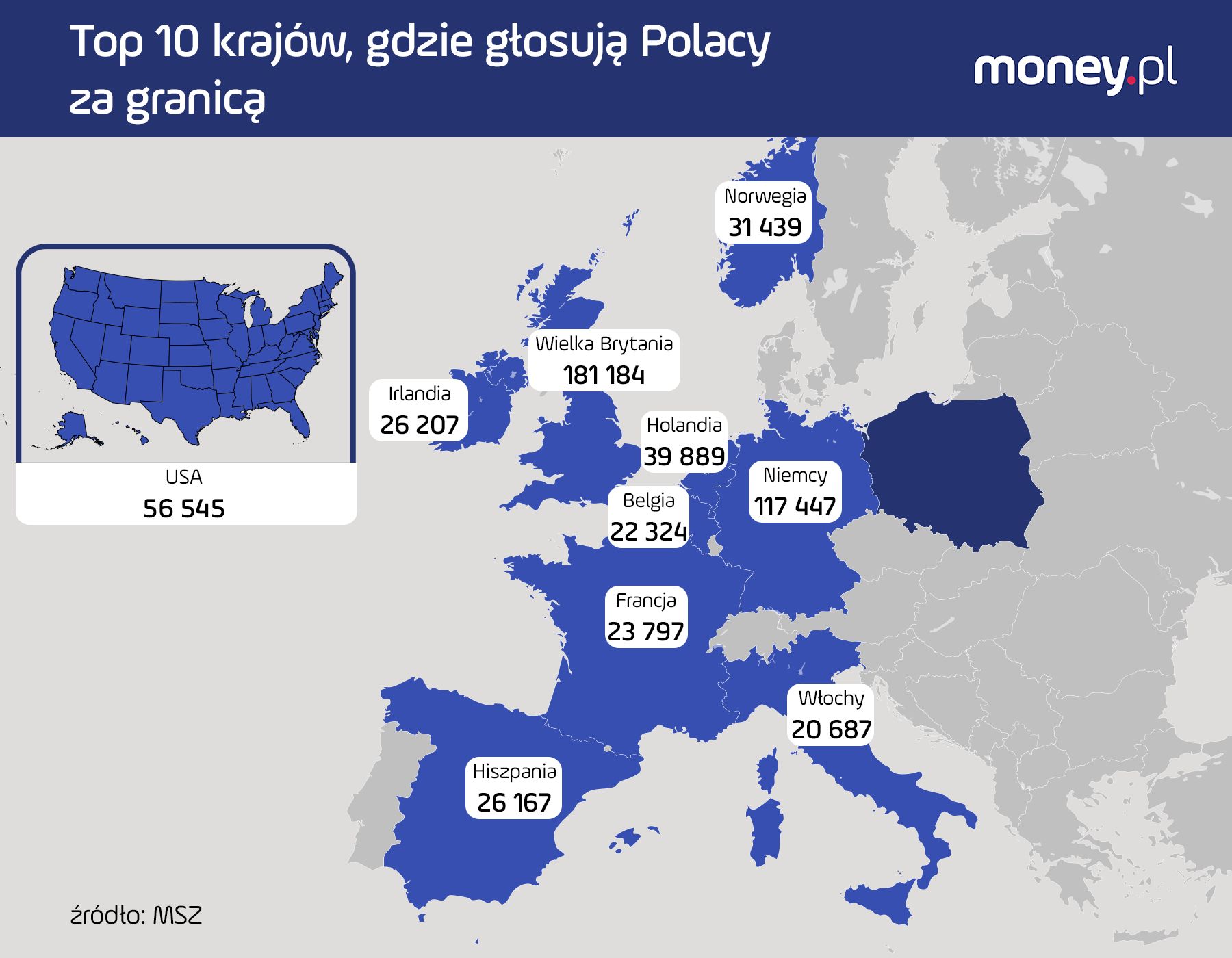 Top 10 krajów, gdzie głosują Polacy za granicą 