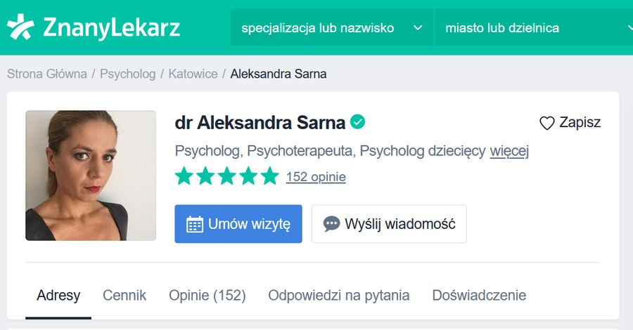 Aleksandra Sarna na portalu "znanylekarz.pl"