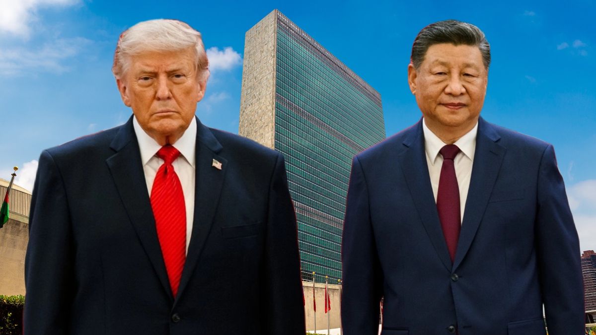 Na kolażu siedziba ONZ w Nowym Jorku, prezydent USA Donald Trump i przywódca Chin Xi Jinping