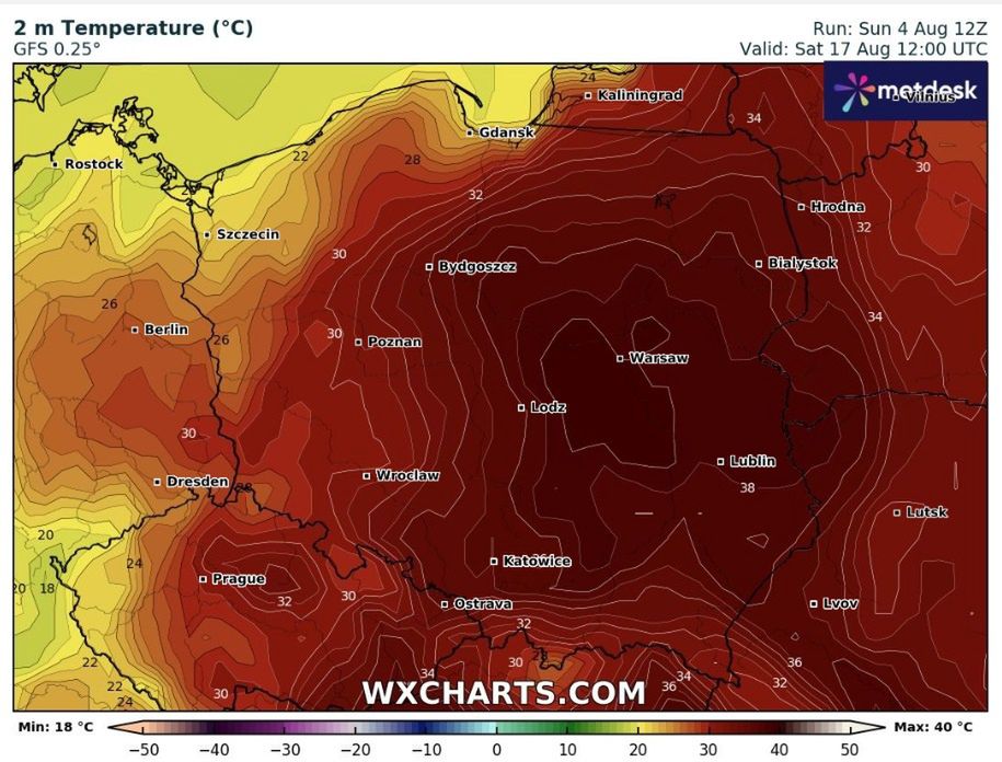 Na zdjęciu: prognozowana temperatura 17 sierpnia o godz. 12.