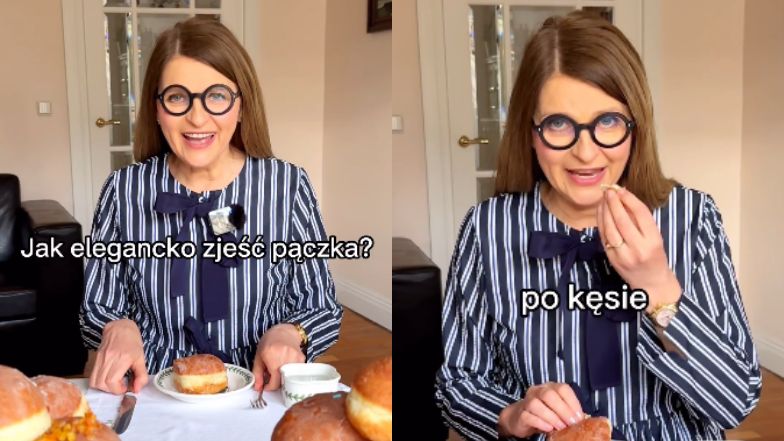Irena Kamińska-Radomska demonstruje, jak poprawnie jeść pączka