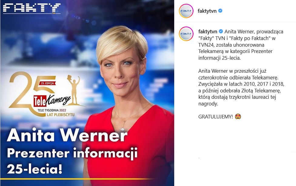 Anita Werner, prowadząca "Fakty" TVN i "Fakty po Faktach" w TVN24, została uhonorowana Telekamerą