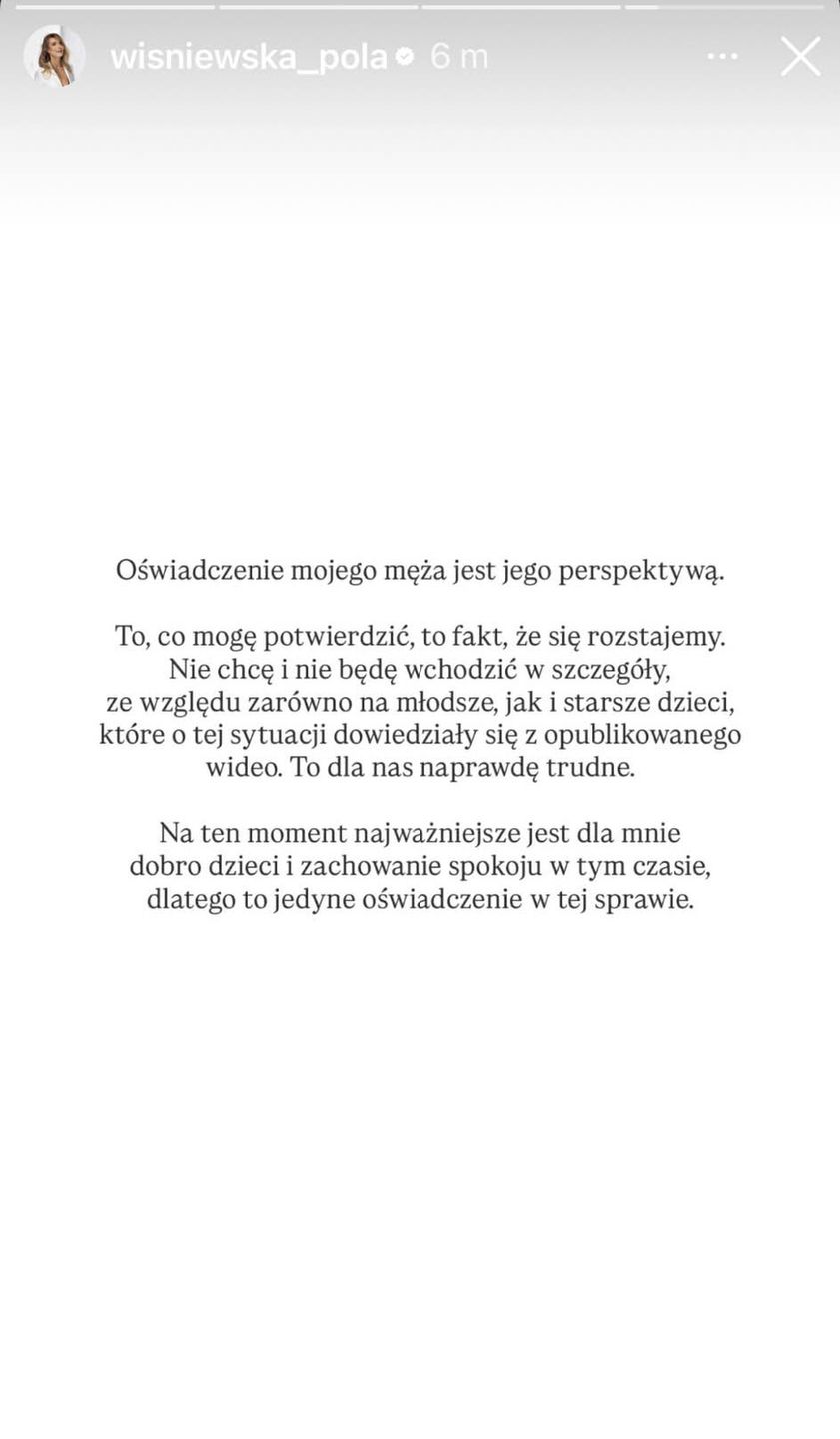 Pola Wiśniewska odpowiada na oświadczenie męża 