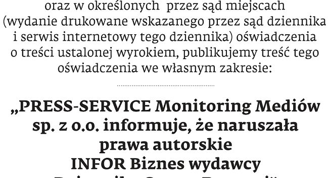 Wydawca „Dziennika Gazety Prawnej” w imieniu Press-Service zamieściła komunikat o naruszeniu swoich praw