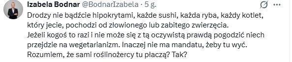 Wpis Izabeli Bodnar na X-ie