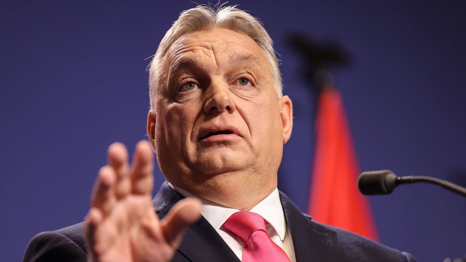 Viktor Orban, Hungary's prime minister, during his annual news conference in Budapest, Hungary, on Thursday, Dec. 21, 2023. European Union members can get around Hungary's opposition to joint aid for Ukraine by striking a separate deal among the 26 other states at a summit early next year, Orban told reporters. Photographer: Akos Stiller/Bloomberg via Getty Images