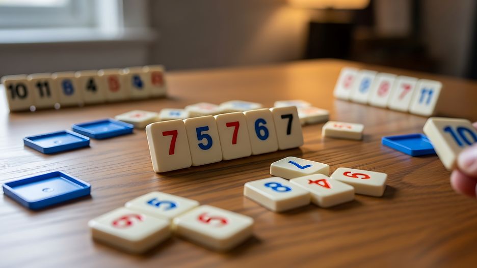 A game of Rummikub is in progress. Tiles are arranged on a wooden table, showing numbers and colors. Some tiles are in players hands.
Rummikub, game, tiles, numbers, colors, wooden, table, playing, strategy, puzzle, family, fun, leisure, entertainment, board, home, indoor, activity, players, hands, arrangement, match, sequence, sets, groups, logic, thinking, concentration, skill, challenge, competition, mental, sharpness, focus, relaxation, hobby, pastime, friends, gathering, social, interaction, bonding, togetherness, joy, excitement, satisfaction, achievement, winning, losing, rummikub, game, tiles, numbers, colors, wooden, table, playing, strategy, puzzle, family, fun, leisure, entertainment, board, home, indoor, activity, players, hands, arrangement, match, sequence, sets, groups, logic, thinking, concentration, skill, challenge, competition, mental, sharpness, focus, relaxation, hobby, pastime, friends, gathering, social, interaction, bonding, togetherness, joy, excitement, satisfaction, achievement, winning, losing