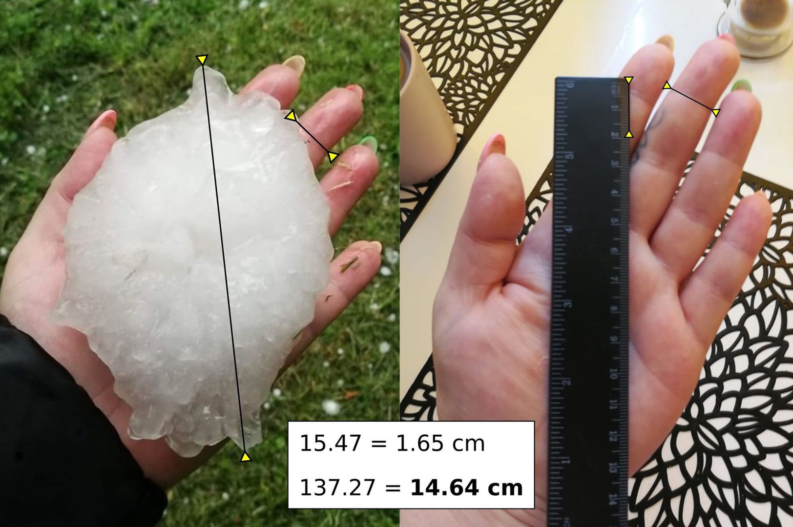 Bryła lodu ma z uwzględnieniem błędu pomiarowego ok. 13,5 cm średnicy