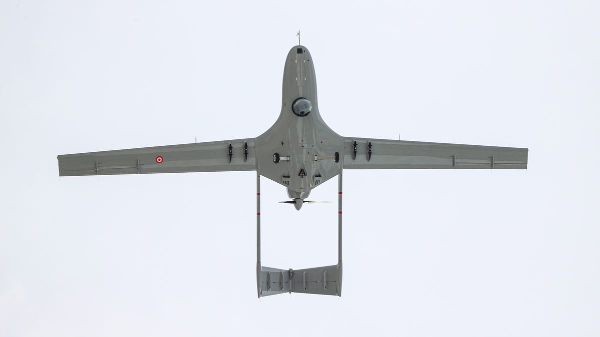 ISTANBUL, TURKEY - SEPTEMBER 21: Bayraktar TB2 drone performs during TEKNOFEST 2021 the Aviation, Space and Technology Festival at Ataturk Airport in Istanbul, Turkey on September 21, 2021. (Photo by Muhammed Enes Yildirim/Anadolu Agency via Getty Images)