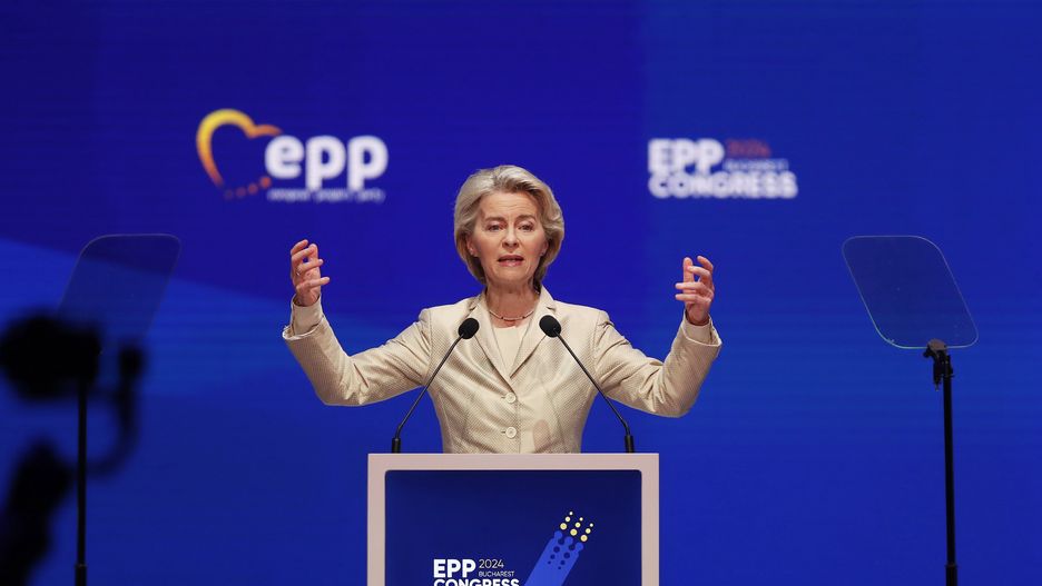 European Commission President Ursula von der Leyen, the EPP candidate for the same position, delivers her speech during the second plenary session of the European People's Party Congress in Bucharest, Romania, 07 March 2024. The European People's Party (EPP) party holds its Congress in Romania's capital on 06 and 07 March, to choose their candidates for the EU Parliament elections, and as well their nominees for the EU leadership. European Union parliamentary elections will take place from 06 until 09 June 2024. EPA/Robert Ghement Dostawca: PAP/EPA.